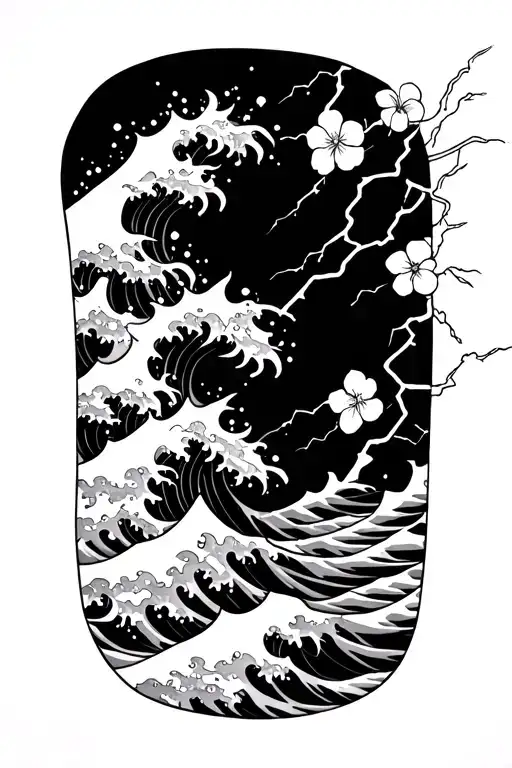 forearm half sleeve tattoo featuring japanese waves, lightning and small flowers tattoo design idea