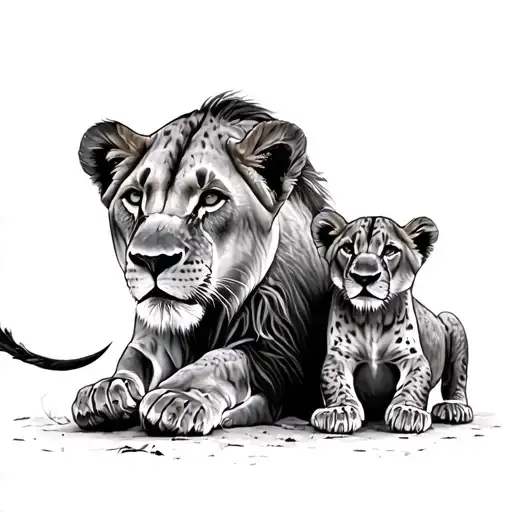 2 lioness and 2 cubs playing tattoo design idea