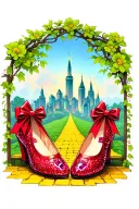 two sparkly flat red ruby shoes with bows on toe with the emerald city and yellow brick road in background tattoo design idea