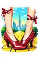 two sparkly flat red ruby shoes with bows on toe with the emerald city and yellow brick road in background tattoo design idea