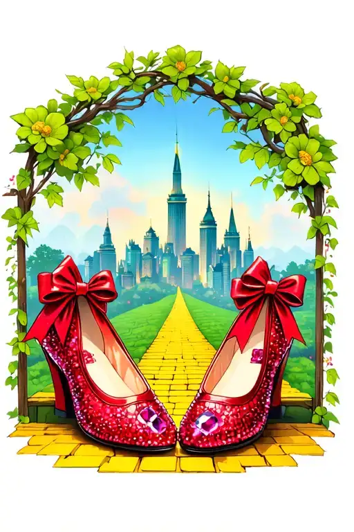 two sparkly flat red ruby shoes with bows on toe with the emerald city and yellow brick road in background tattoo design idea