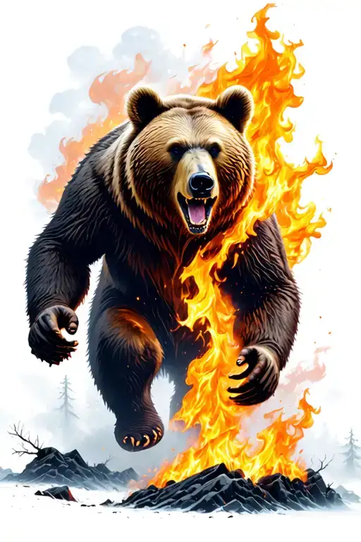 Bear on fire running out of a forest fire surrounded tattoo design idea