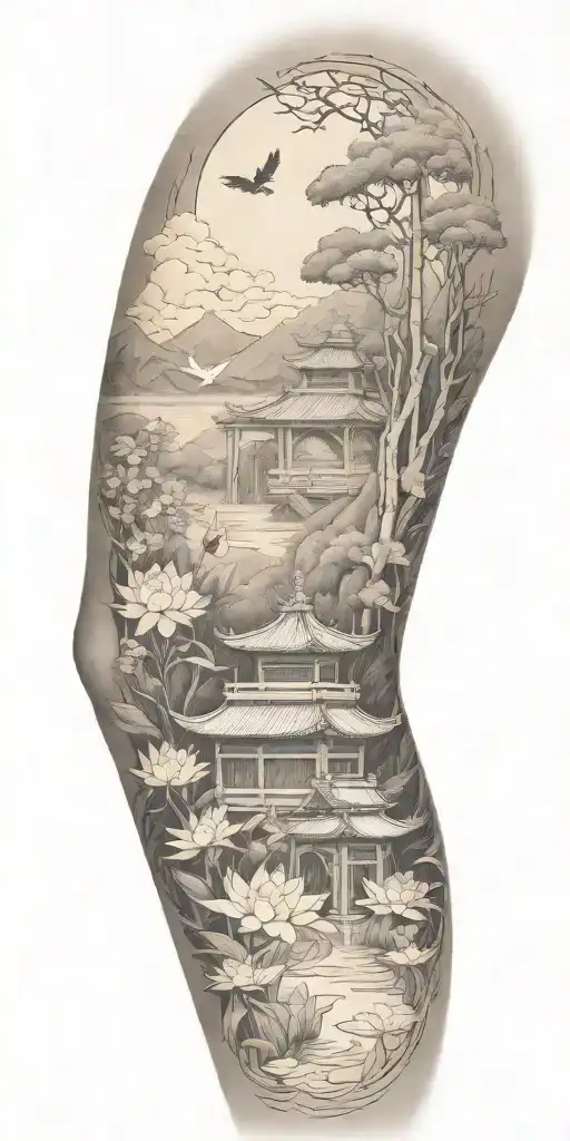 traditional scenario of nature inspired by Buddhist symbols. include bamboo, lotus, koi fish representing a spiritual  tattoo design idea