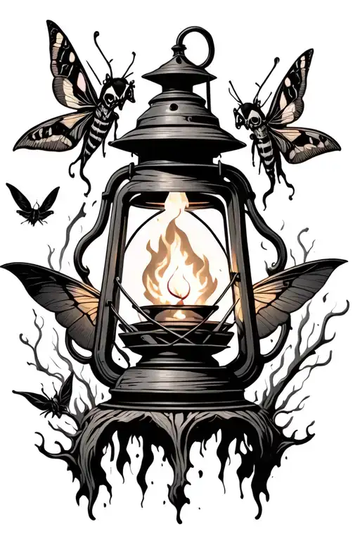 A charred wooden lantern, flame still burning inside with a lunar moth and a deathhead moth flying around tattoo design idea