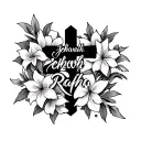 cross that fades into the words "jehovah Rapha" with Lilly flowers surrounding  tattoo design idea