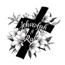 cross that fades into the words "jehovah Rapha" with Lilly flowers surrounding  tattoo design idea