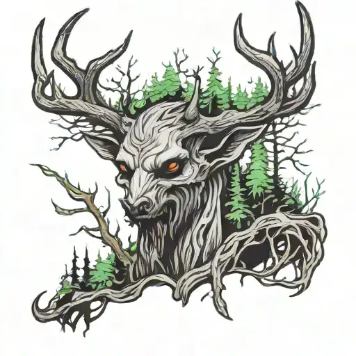 wendigo hiding in the forrest themed half sleeve tattoo design idea