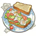 Tuna salad sandwich with lettuce, tomato, and cumber. On grilled sourdough bread. On a blue and white china plate tattoo design idea