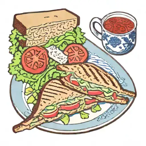 Tuna salad sandwich with lettuce, tomato, and cumber. On grilled sourdough bread. On a blue and white china plate tattoo design idea
