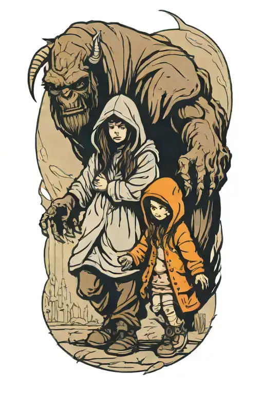 a girl and a huge hooded beast walking side by side holding hands tattoo design idea