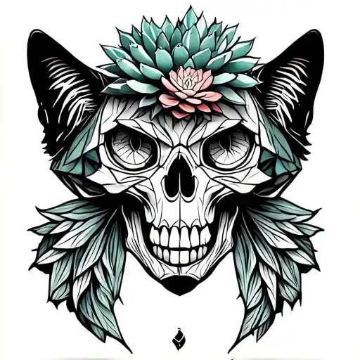 cactus and succulent in feline skull tattoo design idea