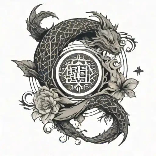 leeve tattoo design that combines the symbolism of the ouroboros, alchemical elements, Japanese kanji, and mindfulness  tattoo design idea