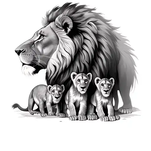 male lion with three cubs two female and one male cub tattoo design idea