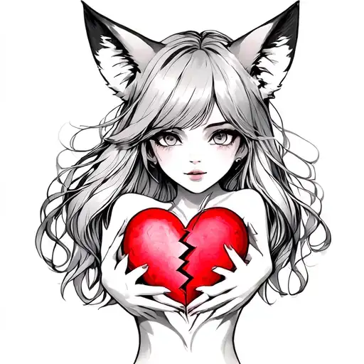 woman with fox ears stitching together a broken heart tattoo design idea