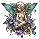 Guardian Angel with purple and teal ribbon surrounded with Butterflies and flowers  tattoo design idea