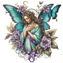 Guardian Angel with purple and teal ribbon surrounded with Butterflies and flowers  tattoo design idea