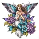 Guardian Angel with purple and teal ribbon surrounded with Butterflies and flowers  tattoo design idea