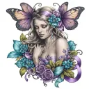 Guardian Angel with purple and teal ribbon surrounded with Butterflies and flowers  tattoo design idea