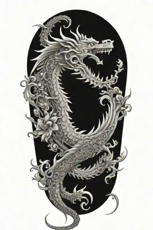 dragon ascending; fractal; flower; false idol; frameless tattoo design idea