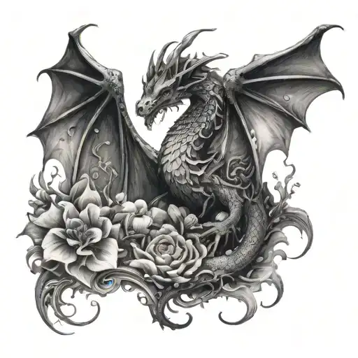 black and white nature dragon guarding ethereal flower surrounded by buttterflies and water droplets tattoo design idea