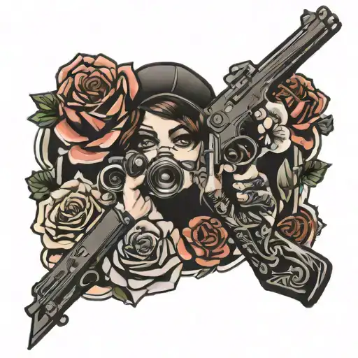 woman roses guns cartoon gangster tattoo design idea