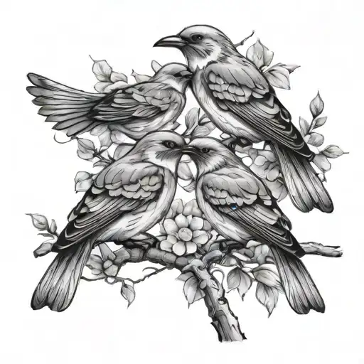 3 birds sitting on branch with 1 flying away tattoo design idea