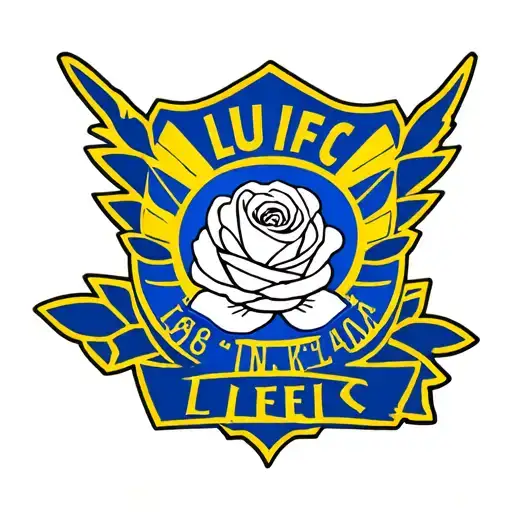 blue and yellow badge saying LUFC in the centre with a white Yorkshire rose tattoo design idea
