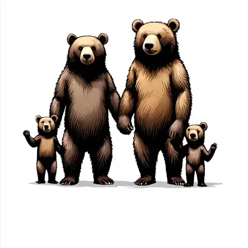  family of bears. 1. mother 2.father and two boys age 5 and 2. i want them holding hands. each person have unique color  tattoo design idea