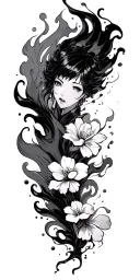 Japanese manga with fluid fire, wind -type smoke and cherry flower background tattoo design idea