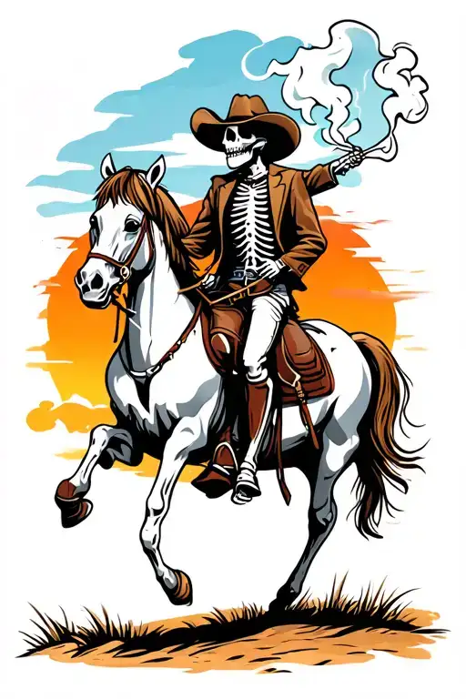 smoking skeleton cowboy riding a horse on the sunset tattoo design idea