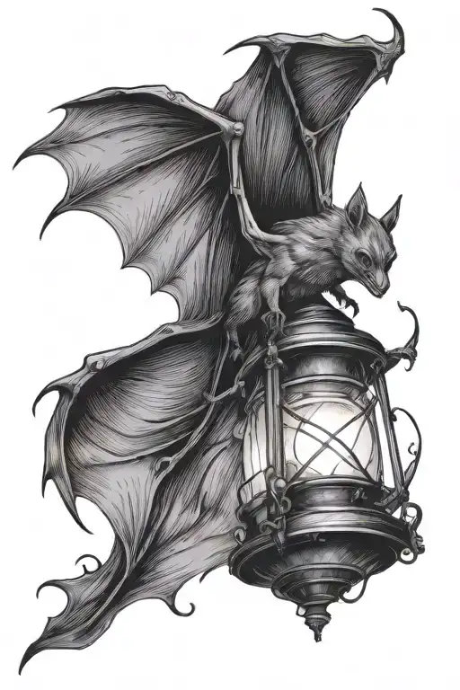 bat flying with lantern shining light tattoo design idea