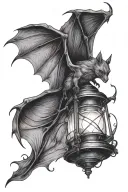 bat flying with lantern shining light tattoo design idea