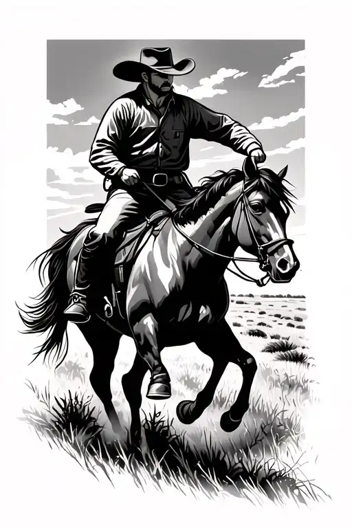 cowboy riding a horse galloping through a field in the distance tattoo design idea