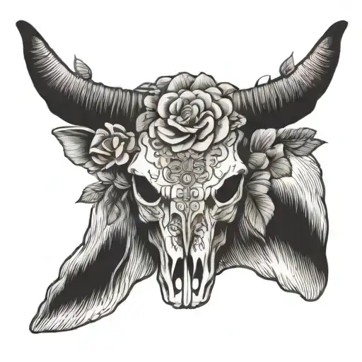 Girly country longhorn skull with flowers wrapped facing straight tattoo design idea