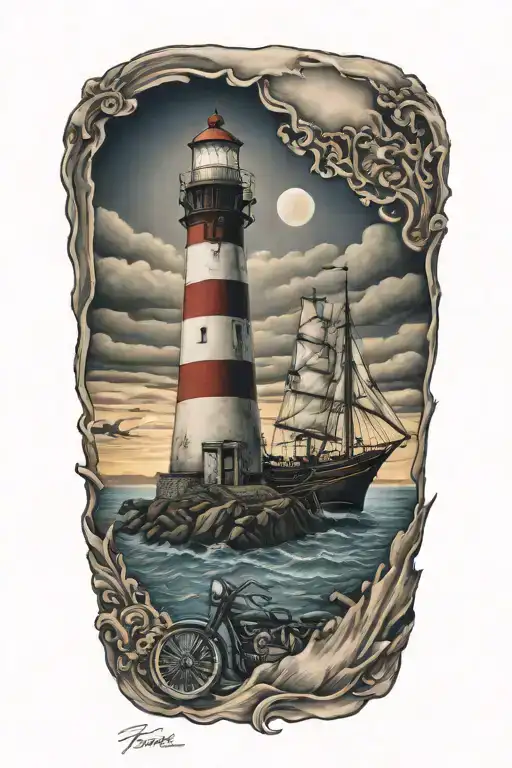 Light house, ships, Indians, motorcycles, tattoo design idea