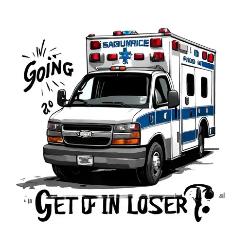 an ambulance.  saying get in loser. we are going to comit crimes  tattoo design idea