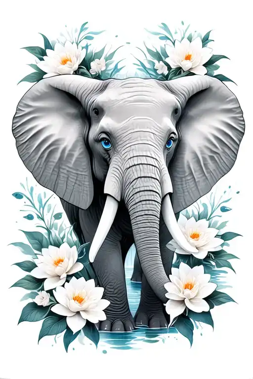 elephant face only with blue eyes surrounded by carnations and water lilies tattoo design idea