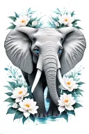 elephant face only with blue eyes surrounded by carnations and water lilies tattoo design idea