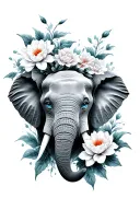 elephant face only with blue eyes surrounded by carnations and water lilies tattoo design idea