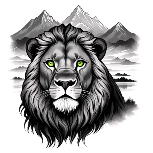 lion green eyes and mountains  tattoo design idea