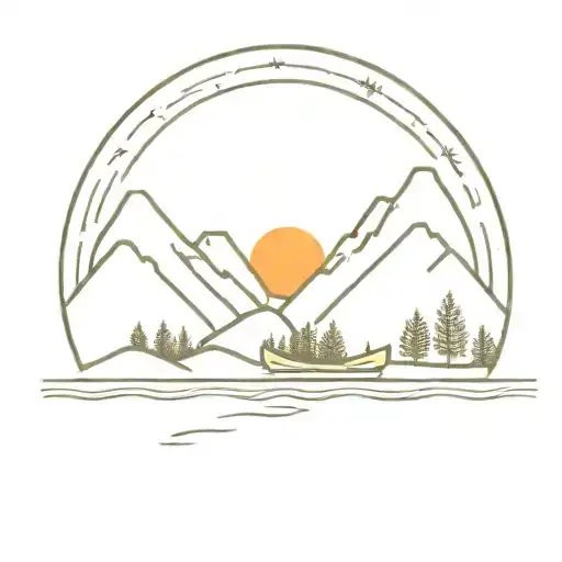 Lake and Rowing Boat and Mountains and Forest and Sun tattoo design idea