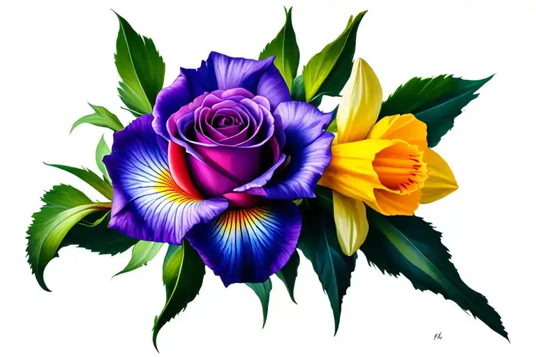 Iris, rose and daffodil tattoo design idea