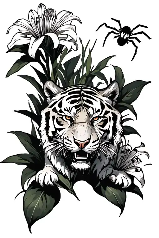 Strong full body tiger surrounded by rough looking spider lillies tattoo design idea
