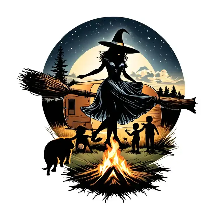 silhouette of busty sexy witch bride on broomstick over a campsite with a trailer and campfire with children & dog tattoo design idea
