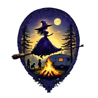 silhouette of busty sexy witch bride on broomstick over a campsite with a trailer and campfire with children & dog tattoo design idea