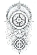 A stylized sun and compass merging together, surrounded by flowing water patterns, symbolizing the client's love for the ocean and navigation tattoo design idea