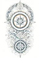 A stylized sun and compass merging together, surrounded by flowing water patterns, symbolizing the client's love for the ocean and navigation tattoo design idea