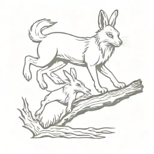 a hare gives a wolf a fang while sitting on a log tattoo design idea