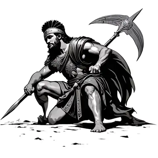 roman centurion kneeling with spear looking up from ground tattoo design idea