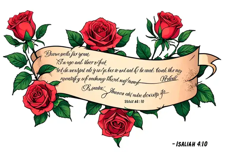 roses with bible verse Isaiah 41:10 written tattoo design idea